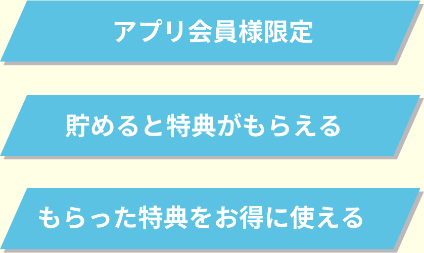 アプリ会員様限定／貯めると特典がもらえる／もらった特典をお得に使える